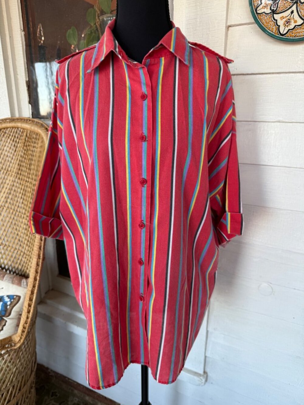 Vintage 70's Red Stripe Womens Button Blouse Cotton Blend Sz XL